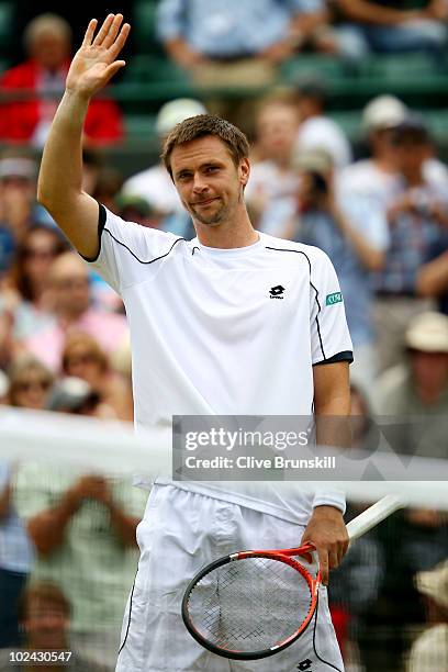 Robin Soderling of Sweden celebrates winning his match against Thomaz Bellucci of Brazil on Day Six of the Wimbledon Lawn Tennis Championships at the...