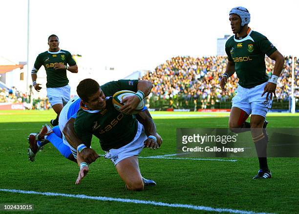Morne Steyn of South Africa goes over for his second try during the International Friendly match between South Africa and Italy at Buffalo City...