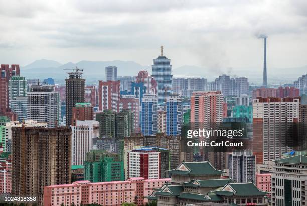 The city skyline is pictured from viewing platform of the Juche Tower on August 24, 2018 in Pyongyang, North Korea. Despite ongoing international...