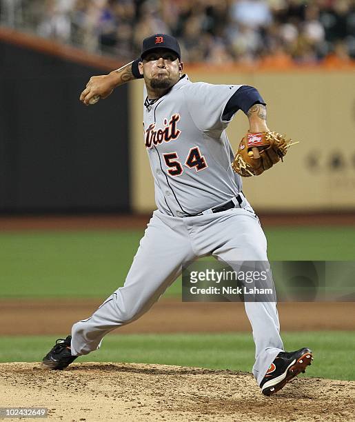 Joel Zumaya of the Detroit Tigers pitches against the New York Mets at Citi Field on June 23, 2010 in the Flushing neighborhood of the Queens borough...