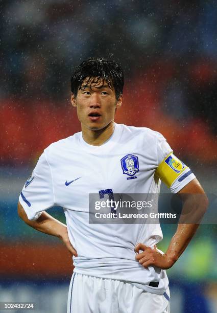 Park Ji-Sung of South Korea looks on during the 2010 FIFA World Cup South Africa Round of Sixteen match between Uruguay and South Korea at Nelson...