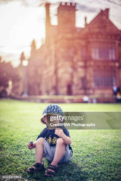 cute chinese boy sitting in the meadow of sydney university - universidade de sydney - fotografias e filmes do acervo