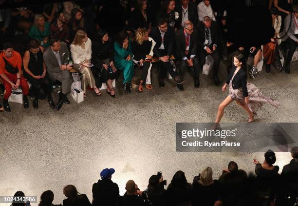 Model walks the runway during the Mercedes-Benz Presents Knuefermann show during New Zealand Fashion Week 2018 at Viaduct Events Centre on August 27,...