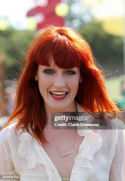 Singer Florence Welch is seen backstage at Glastonbury Festival at Worthy Farm, Pilton on June 25, 2010 in Glastonbury, England. This year sees the...