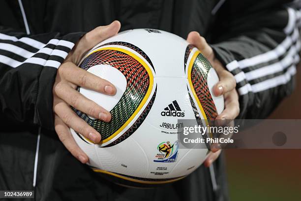 The Jabulani match ball is pictured prior to the 2010 FIFA World Cup South Africa Round of Sixteen match between USA and Ghana at Royal Bafokeng...
