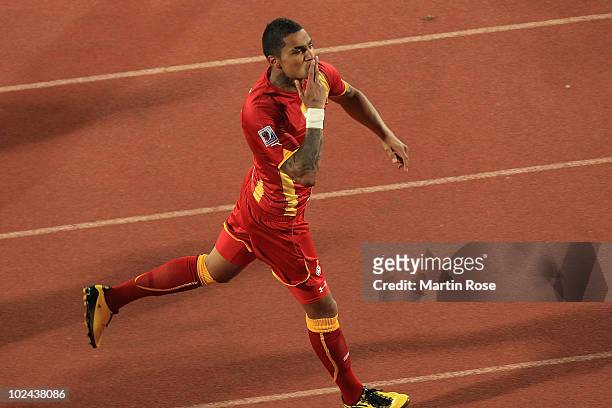 Kevin Prince Boateng of Ghana celebrates scoring the opening goal during the 2010 FIFA World Cup South Africa Round of Sixteen match between USA and...