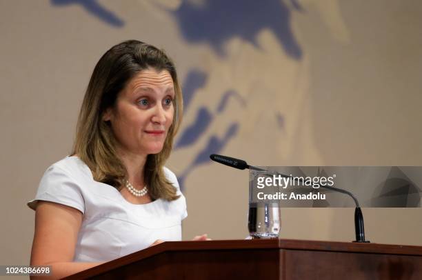 Canadian Foreign Minister Chrystia Freeland addresses ambassadors as she speaks during the opening of the 16th ambassadors' conference on August 27,...
