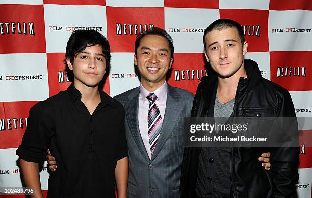 Actor Lorenzo James Henrie, director Philip G. Flores and actor Alex Frost arrive at the premiere of "The Wheeler Boys" during the 2010 Los Angeles...