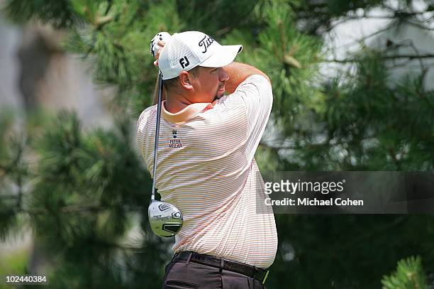 Brendon de Jonge of Zimbabwe hits his drive on the sixth tee box during the third round of the Travelers Championship held at TPC River Highlands on...