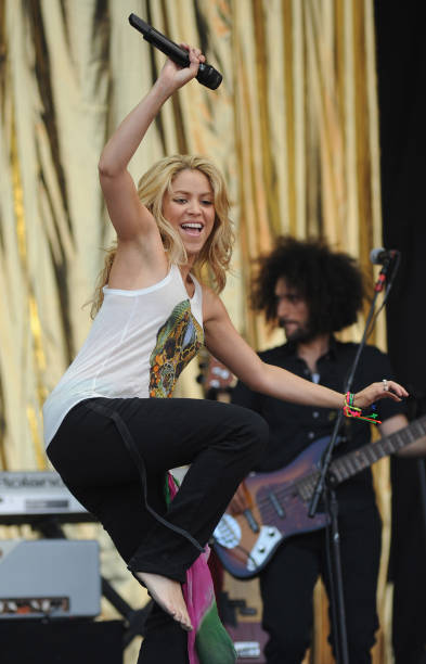 Shakira performs on the Pyramid stage on the third day of Glastonbury Festival at Worthy Farm on June 26, 2010 in Glastonbury, England.