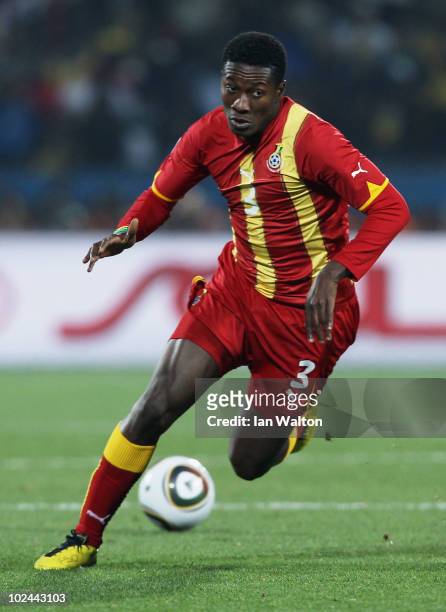Asamoah Gyan of Ghana in action during the 2010 FIFA World Cup South Africa Round of Sixteen match between USA and Ghana at Royal Bafokeng Stadium on...