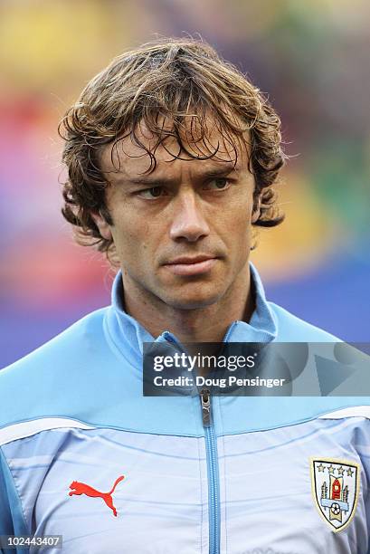 Diego Lugano of Uruguay looks on during the 2010 FIFA World Cup South Africa Round of Sixteen match between Uruguay and South Korea at Nelson Mandela...