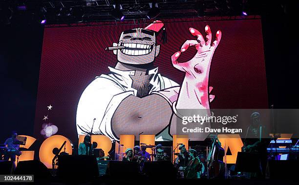 Gorillaz perform on the Pyramid Stage at Glastonbury Festival 2010 on June 25, 2010 in Glastonbury, England.