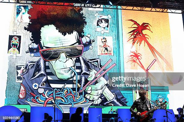 Lou Reed performs with Gorillaz on the Pyramid Stage at Glastonbury Festival 2010 on June 25, 2010 in Glastonbury, England.