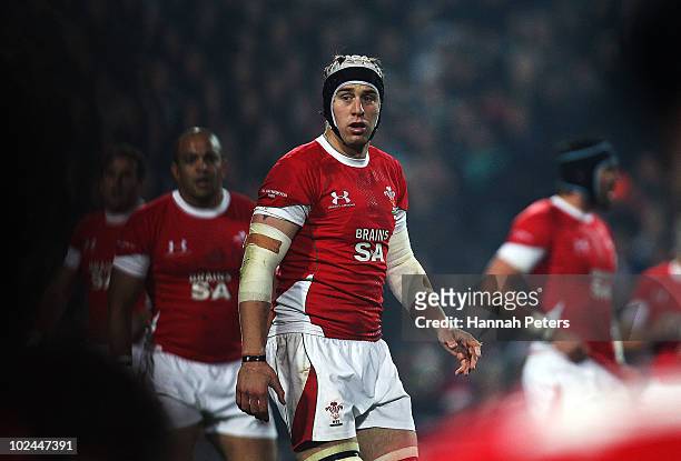 Ryan Jones of Wales waits to receive the ball during the test match between the New Zealand All Blacks and Wales at Waikato Stadium on June 26, 2010...