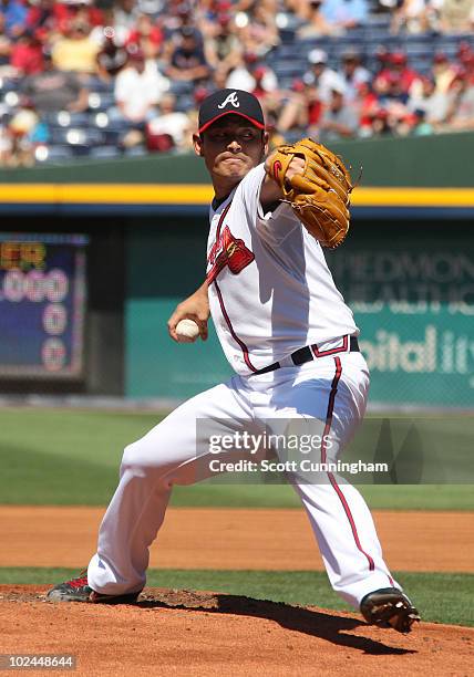 Kenshin Kawakami of the Atlanta Braves pitches against the Detroit Tigers at Turner Field on June 26, 2010 in Atlanta, Georgia. The Braves defeated...