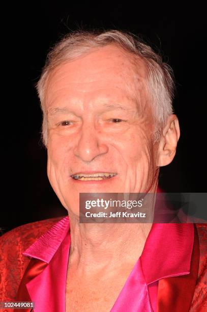 Hugh Hefner arrives at the "Hot Tub Time Machine" Blu-ray and DVD launch party at the Kandyland V red carpet at the Playboy Mansion on June 26, 2010...