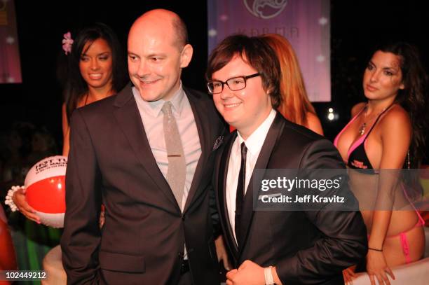 Actors Rob Corddry and Clark Duke arrive at the "Hot Tub Time Machine" Blu-ray and DVD launch party at the Kandyland V red carpet at the Playboy...