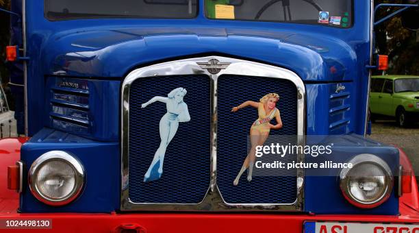 August 2018, Germany, Magdeburg: Front view of a S4000 truck of the GDR manufacturer KFZ-Werk E.Grube Werdau with advertising panel for Veedol Motor...