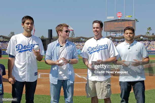 The cast of Entourage: Adrian Grenier, Kevin Connolly, Kevin Dillon and Jerry Ferrara attend a game between the New York Yankees and the Los Angeles...