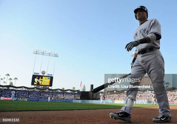 Robinson Cano of the New York Yankees walks on deck during the game against the Los Angeles Dodgers at Dodger Stadium on June 26, 2010 in Los...