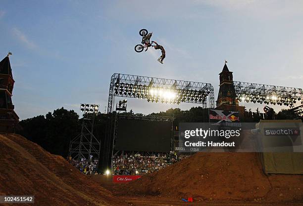 In this handout image from Global-Newsroom, Matt Rebeaud from Switzerland performs in front of the Kremlin in Moscows Red Square during the finals...