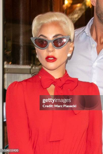 Singer Lady Gaga is seen leaving the 'Lipp' restaurant on August 27, 2018 in Paris, France.