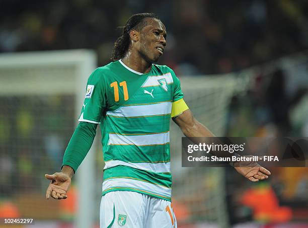 Didier Drogba of the Ivory Coast reacts during the 2010 FIFA World Cup South Africa Group G match between North Korea and Ivory Coast at the Mbombela...