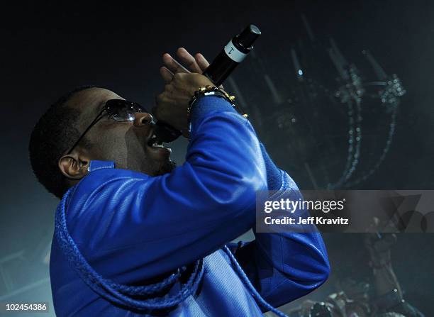 Sean "Diddy" Combs performs during the "Hot Tub Time Machine" blu-ray DVD launch party at Kandyland V at the Playboy Mansion on June 26, 2010 in Los...