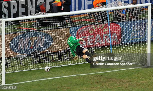 Manuel Neuer of Germany watches the ball bounce over the line from a shot that hit the crossbar from Frank Lampard of England, but referee Jorge...