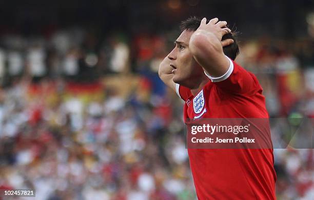 Frank Lampard of England is stunned after his goal is disallowed during the 2010 FIFA World Cup South Africa Round of Sixteen match between Germany...