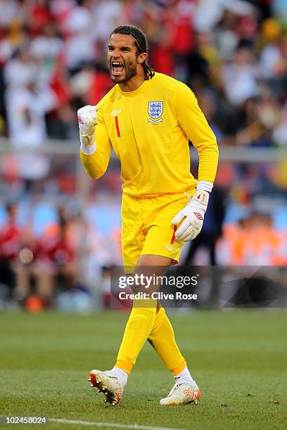 David James of England celebrates Matthew Upson scoring his side's first goal during the 2010 FIFA World Cup South Africa Round of Sixteen match...