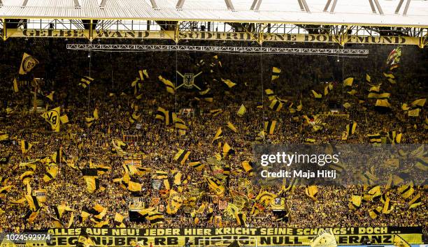 Yellow Wall "Gelbe Wand" with fans of Borussia Dortmund prior to the Bundesliga match between Borussia Dortmund and RB Leipzig at Signal Iduna Park...