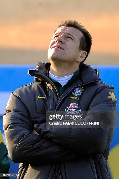 Brazil's coach Dunga is pictured during a training session at Randburg High School in Johannesburg on June 27, 2010 during the 2010 World Cup...