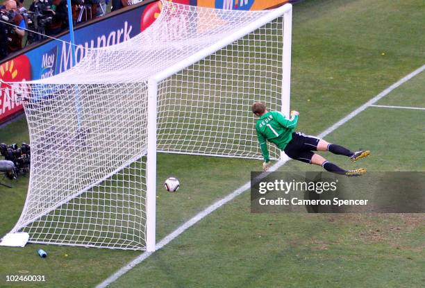 Manuel Neuer of Germany watches the ball bounce over the line from a shot that hit the crossbar from Frank Lampard of England, but referee Jorge...