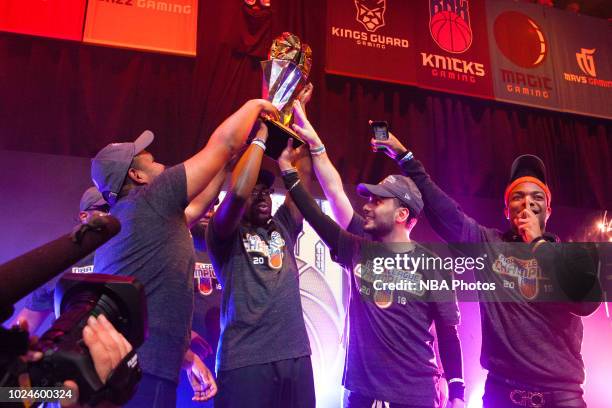 Knicks Gaming celebrate after Game Two of the 2018 NBA 2K League Finals on August 25, 2018 at the NBA 2K Studio in Long Island City, New York. NOTE...