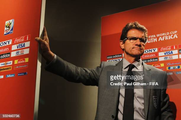 Fabio Capello manager of England gives a press conference after the 2010 FIFA World Cup South Africa Round of Sixteen match between Germany and...