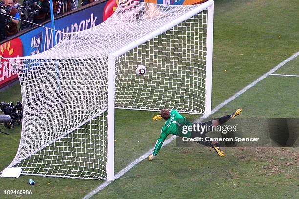 Manuel Neuer of Germany watches the ball bounce over the line from a shot that hit the crossbar from Frank Lampard of England, but referee Jorge...