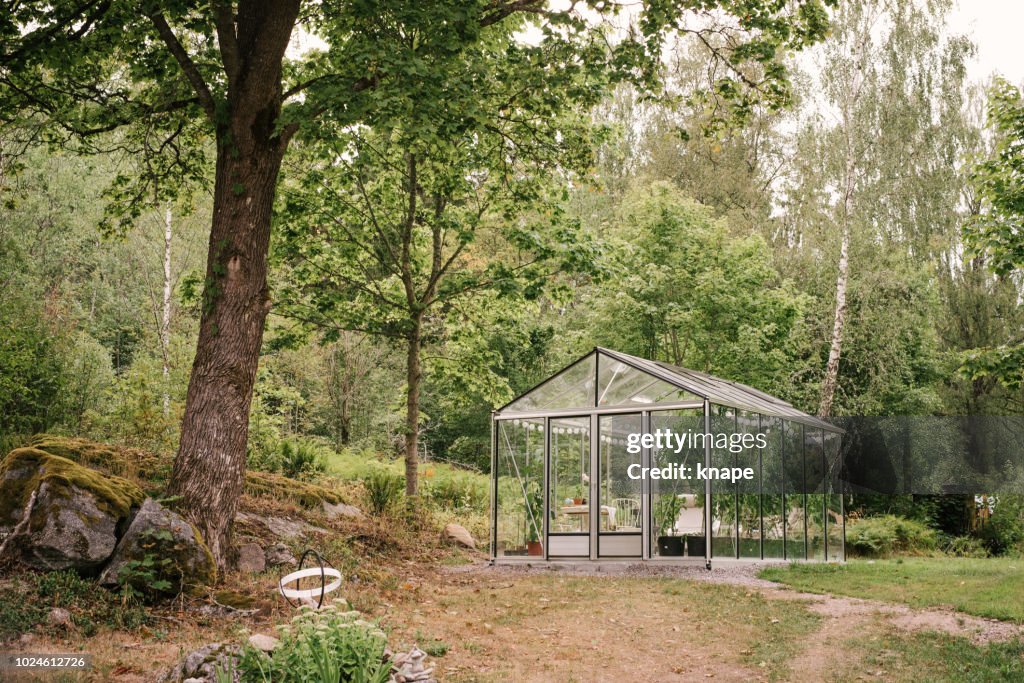 Glass greenhouse in garden