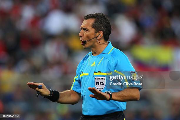 Referee Jorge Larrionda makes a decision during the 2010 FIFA World Cup South Africa Round of Sixteen match between Germany and England at Free State...