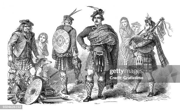 scottish music band playing bagpipe and drums - kilt stock illustrations