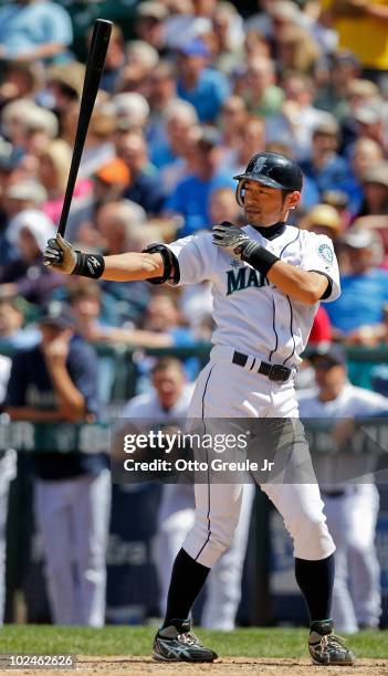 Ichiro Suzuki of the Seattle Mariners bats against the Chicago Cubs at Safeco Field on June 24, 2010 in Seattle, Washington.