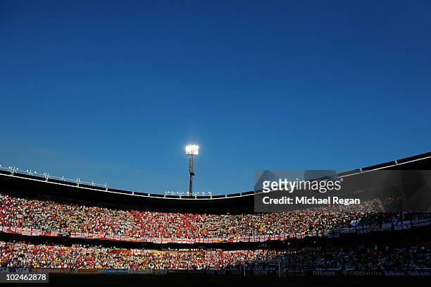 General view of fans during the 2010 FIFA World Cup South Africa Round of Sixteen match between Germany and England at Free State Stadium on June 27,...