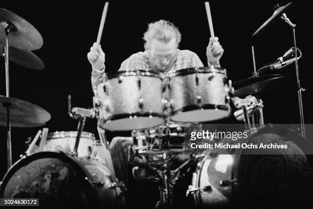Drummer Ginger Baker of British rock band Cream in concert in Madison Square Garden, New York City, 2nd November 1968.