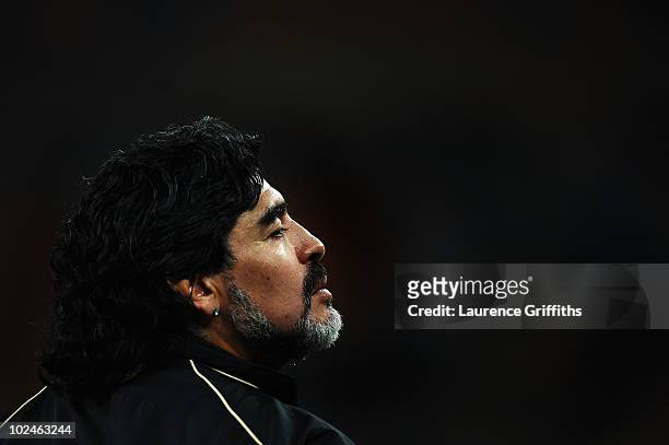 Diego Maradona head coach of Argentina looks on ahead of the 2010 FIFA World Cup South Africa Round of Sixteen match between Argentina and Mexico at...