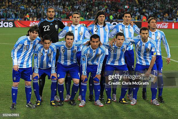 The Argentina team line up ahead of the 2010 FIFA World Cup South Africa Round of Sixteen match between Argentina and Mexico at Soccer City Stadium...