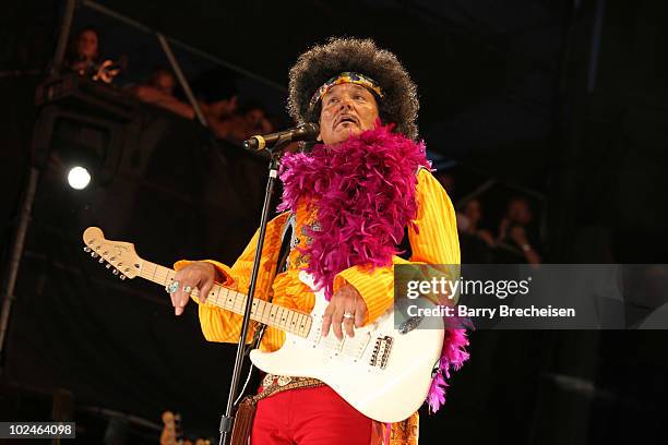 Host Bill Murray as Jimi Hendrix onstage during the 2010 Crossroads Guitar Festival at Toyota Park on June 26, 2010 in Bridgeview, Illinois.