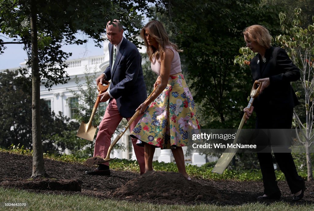 First Lady Melania Trump Plants A Sapling Of The Eisenhower Oak On South Lawn Of White House