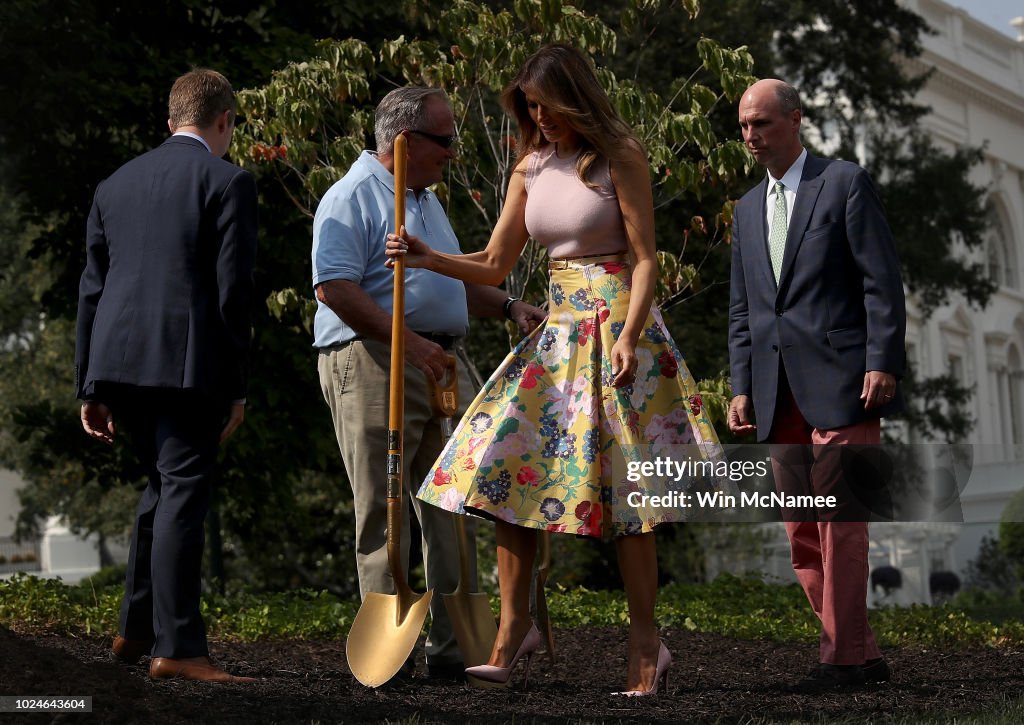 First Lady Melania Trump Plants A Sapling Of The Eisenhower Oak On South Lawn Of White House
