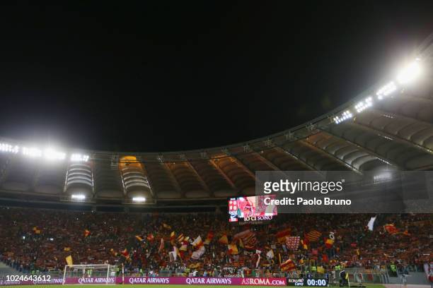 General view of the AS Roma fans during the Serie A match between AS Roma and Atalanta BC at Stadio Olimpico on August 27, 2018 in Rome, Italy.